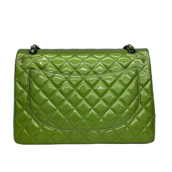 Authentic CHANEL CC Jumbo Patent Leather Classic Double Flap Bag Green Purse - Picture 5 of 16
